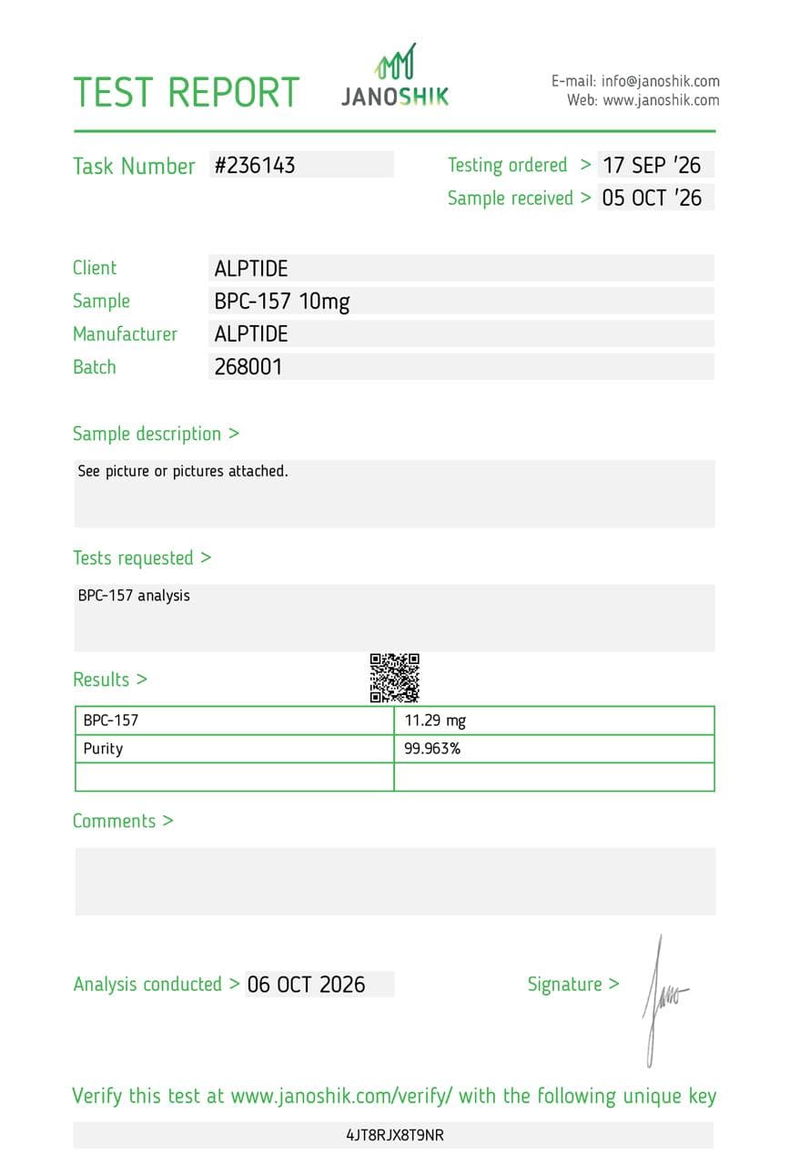 Analysezertifikat – BPC-157, Charge 268001, Janoshik Analytical