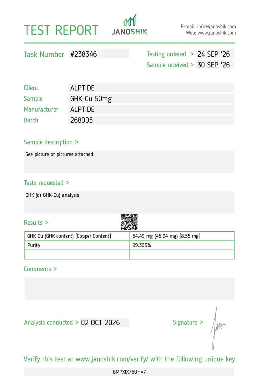 Analysezertifikat – GHK-Cu, Charge 268005, Janoshik Analytical