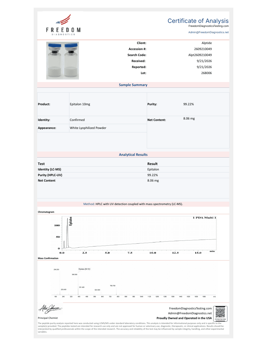 Analysezertifikat – Epitalon, Charge 268006, Freedom Diagnostics
