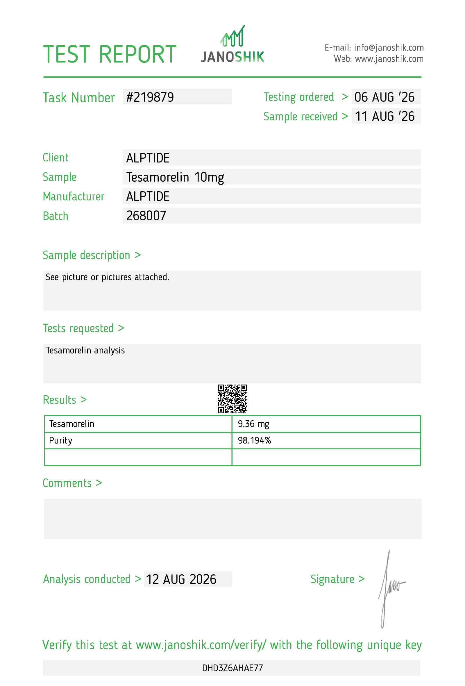 Analysezertifikat – Tesamorelin, Charge 268007, Janoshik Analytical