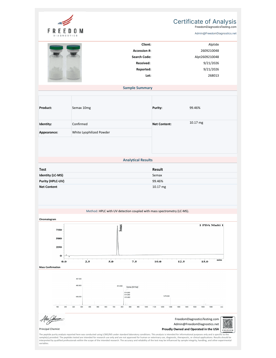 Analysezertifikat – Semax, Charge 268013, Freedom Diagnostics