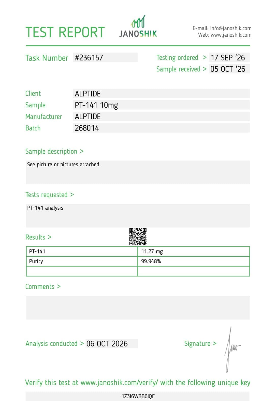 Analysezertifikat – PT-141, Charge 268014, Janoshik Analytical