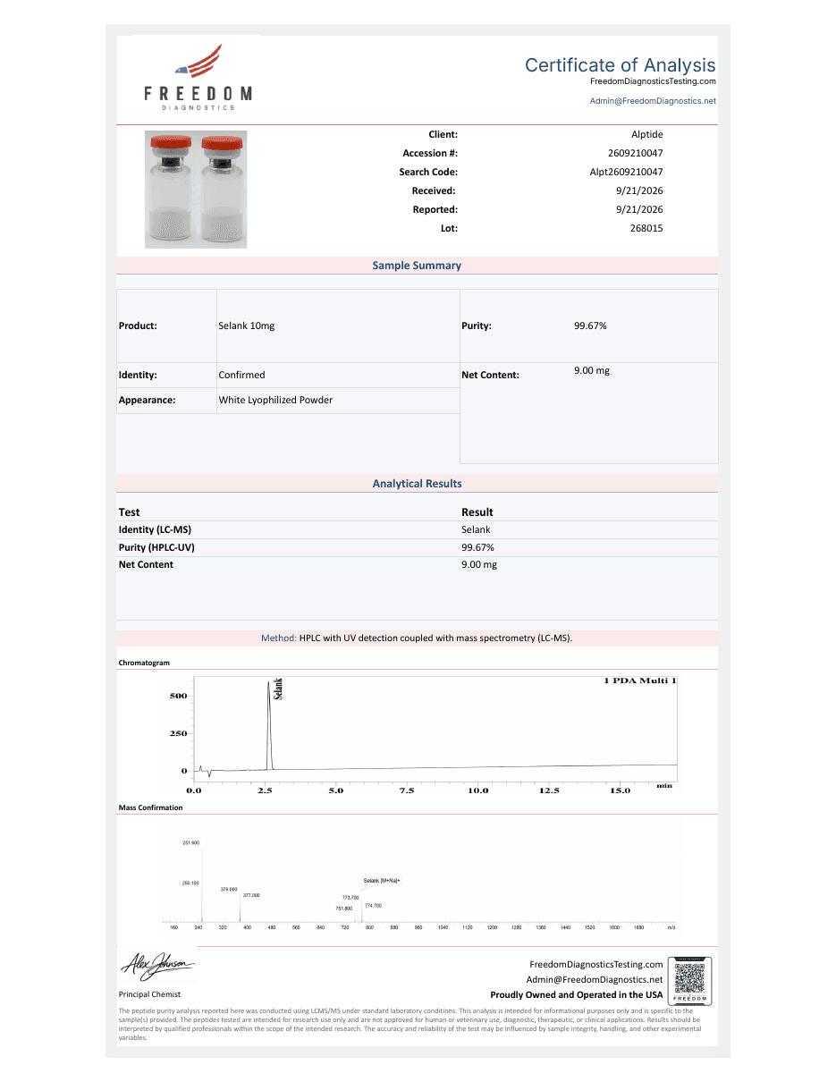 Analysezertifikat – Selank, Charge 268015, Freedom Diagnostics
