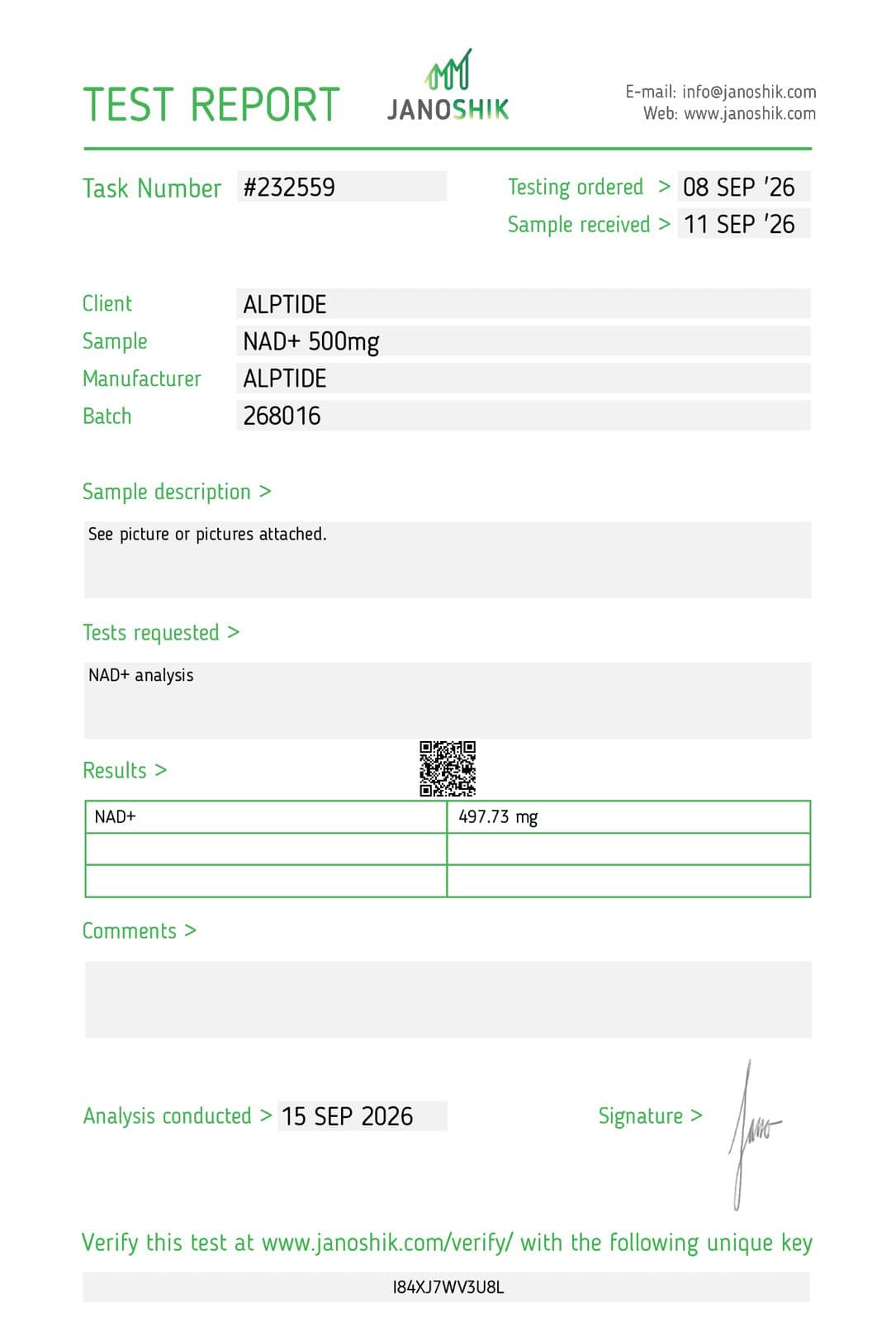 Analysezertifikat – NAD+, Charge 268016, Janoshik Analytical