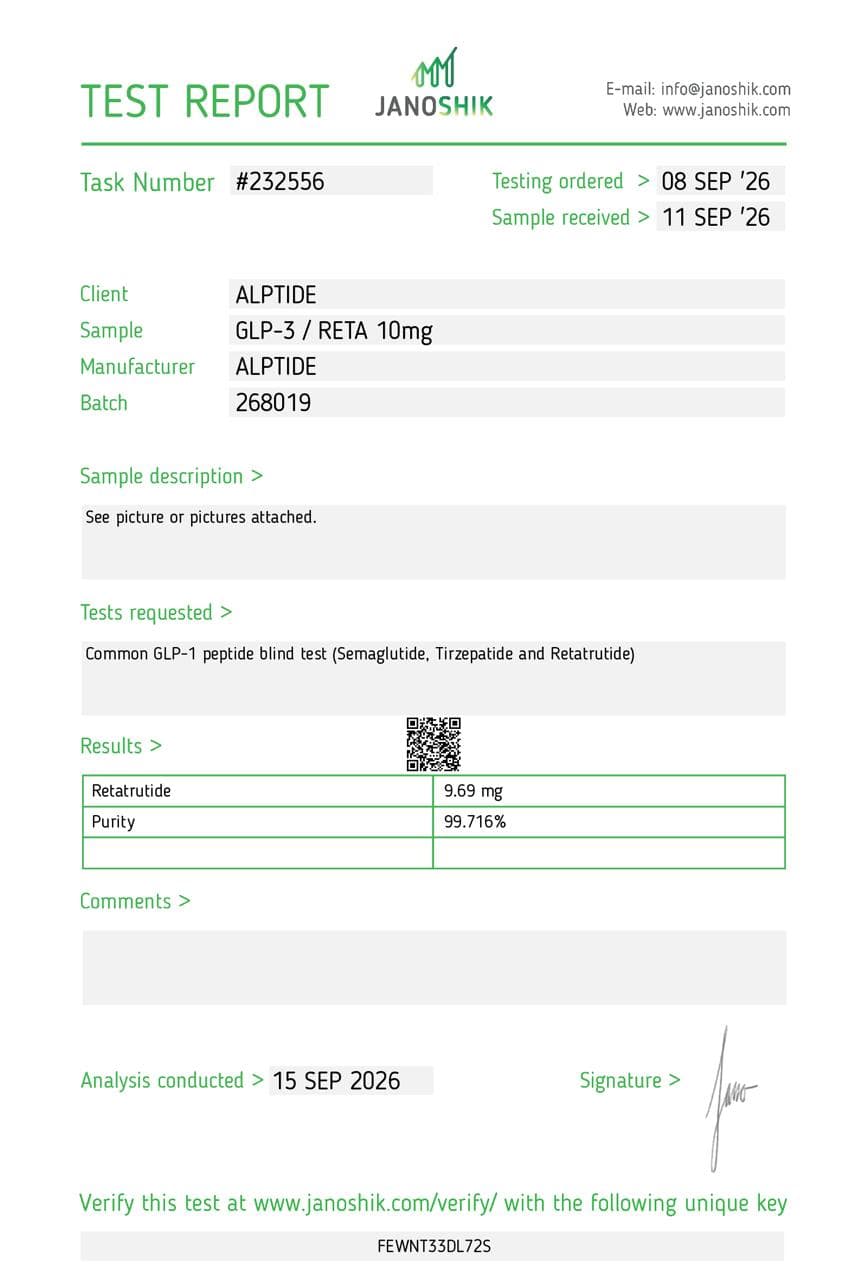 Analysezertifikat – GLP-3 (RT), Charge 268019, Janoshik Analytical