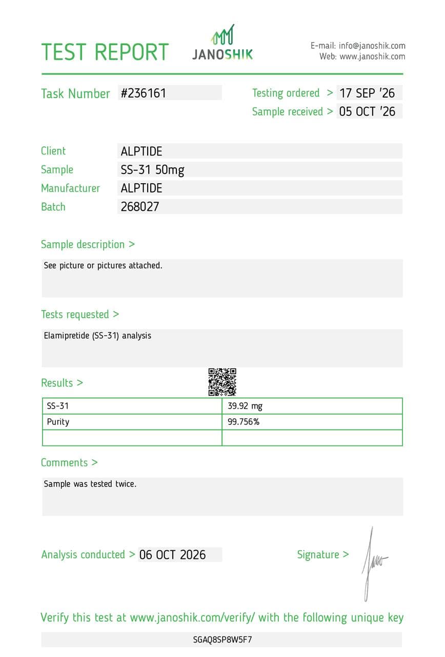 Analysezertifikat – SS-31 (Elamipretide), Charge 268027, Janoshik Analytical