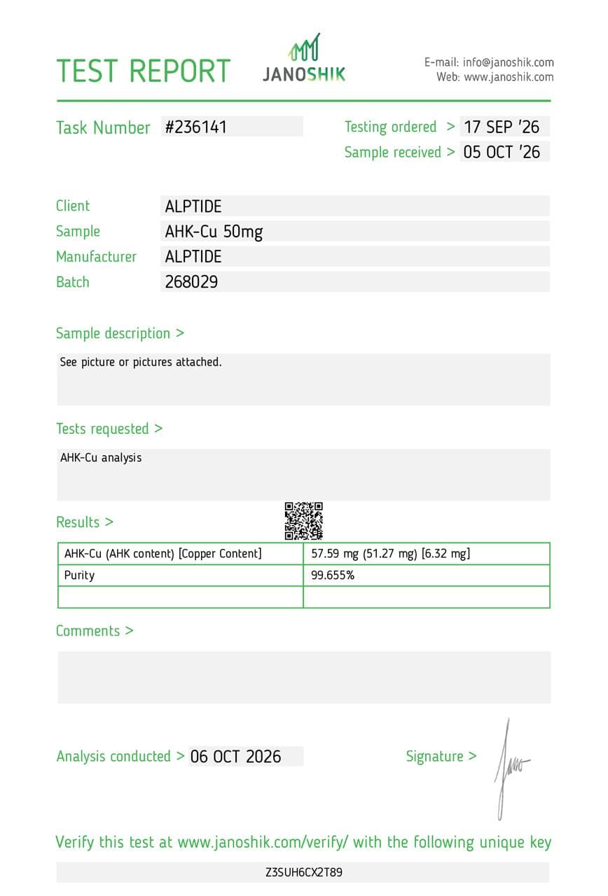 Analysezertifikat – AHK-Cu, Charge 268029, Janoshik Analytical